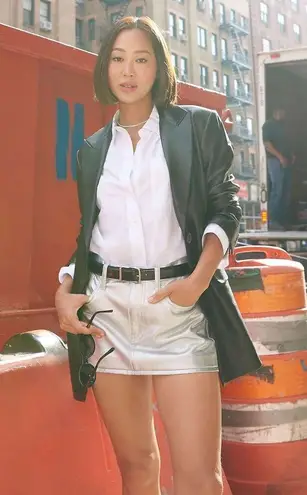 Madewell NEW  x Aimee Song Women's Silver Metallic Denim Jean Mini Skirt Size 26