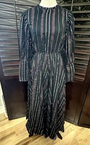 Farm Rio  Women's Black Metallic Lurex Striped Long Sleeve Maxi Dress XS NWOT