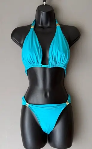 Aqua Blue Bikini Set Gold Halter Top Brazilian Cut Bottom sz S (D cup) Luxury