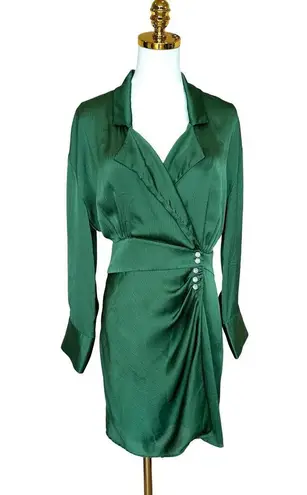 Ba&sh Green Mini Shirt Dress XS Wrap Designer Cocktail Satin Ruched Holiday $340