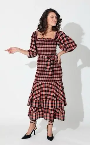 Cleobella Plaid Tiered Smock Maxi Dress size XL Christmas plaid tartan red black