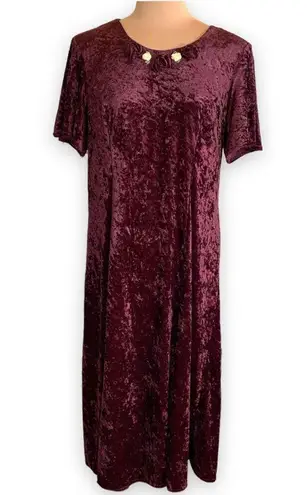 Vintage 90s Maxi Dress Burgundy Crushed Velvet Dark Floral Rosette Short Sleeve Red Size 14