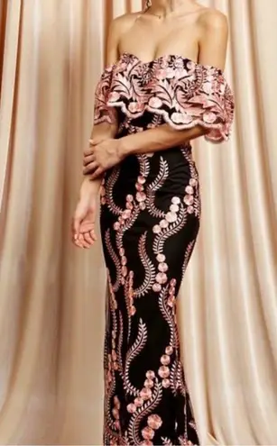 Soiéblu SOIEBLU Off Shoulder Embroidered Mexican Catrina Elegant Mermaid Maxi Dress Sz S