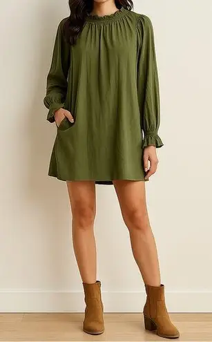 &merci &merci Ruffle Neck Olive Green Long Sleeve Mini Dress