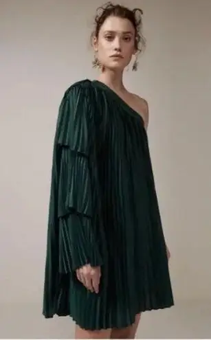 Keepsake Off The Shoulder Dress Pleats Mini Dress Bottle Green Size M Size M