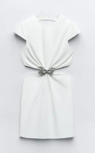 ZARA mini white dress cut out rhinestones bow wedding party coctail