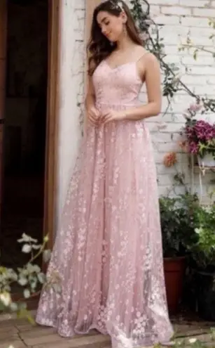 New Spaghetti Strap Embroidery Mesh Overlay Floral Maxi Dress, Sz M Size M