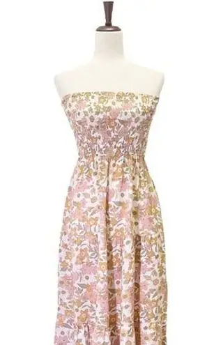 Petal and Pup  Strapless Retro Floral Midi Dress Tan Pink Cream Size 4 70s Boho