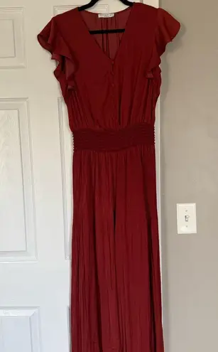 Current Air Smocked Pleated Jumpsuit Satin Women V-Neck Orange Rust Cap Sleeve