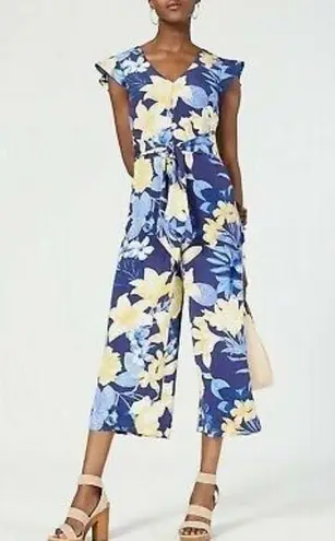 INC SZ 6 Capri Jumpsuit Floral Ruffled Cap Sleeves V