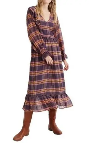 Madewell Plaid Long Flutter Sleeve Sheer Maxi Dress Navy Blush Size 6 NEW