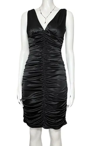 Vintage Y2K Black Satin Ruched V Neck Midi Cocktail Party Dress. XS. Graduation