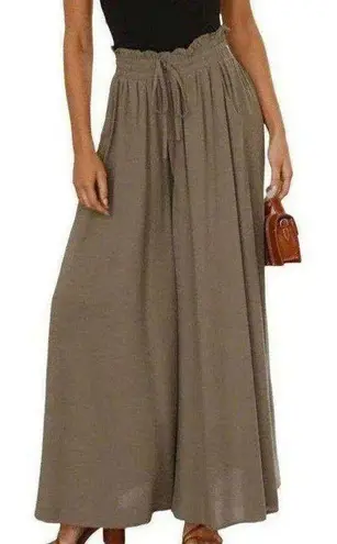 High Waist Wide Leg Palazzo Culottes Loose Pants Womens Small Olive Green Tan