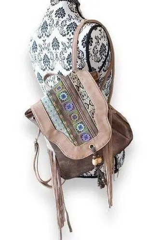 BOHEMIAN FAUX LEATHER & TASSELS BEADED BACKPACK Brown