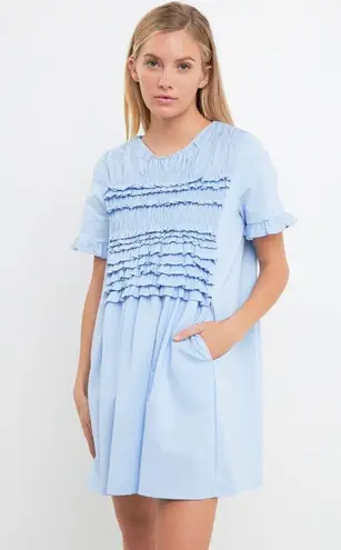 English Factory Mixed Media Ruffle Detail Dress Powder Blue