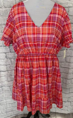 Terra & Sky women 2X spring plaid print short sleeve dress pink multicolor