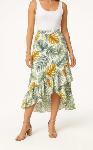 Ember Green White Tropical Leaf Ruffle Asymmetrical A Line Skirt Large Cruise