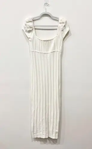 LPA Short Sleeve Padded Shoulder Crochet Bodycon Midi Dress Cream Women's S