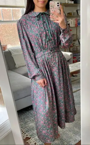 Vintage Floral Prairie Cottage Core Midi Dress Green