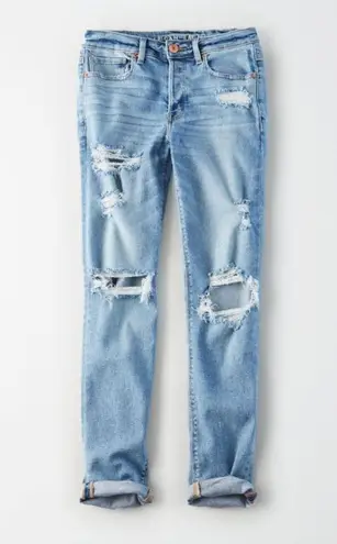 American Eagle Stretch Tomgirl Jeans Slashed Sky Destroyed Ripped BF Boyfriend 0