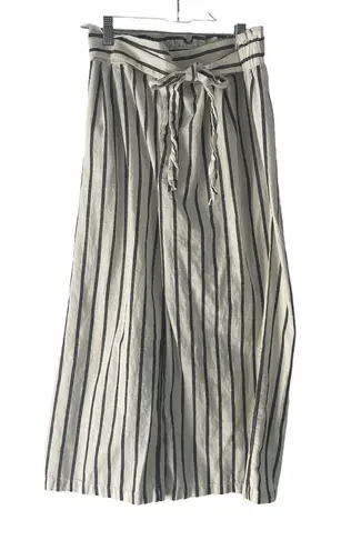 Mine Women's Size Large Linen Blend Striped Belted Flowy Wide Leg Crop Pants White