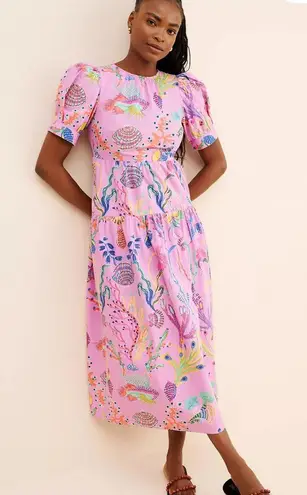 BANJANAN Valeria Midi Dress size Medium Pink Sea Beach Print Puff Sleeves