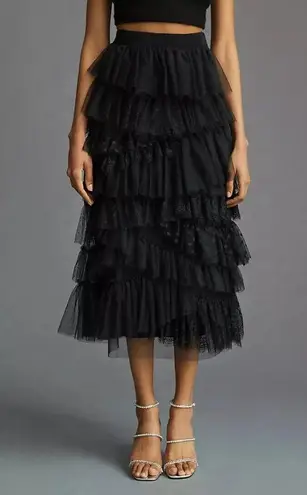 Anthropologie NWT By  Ruffled Tulle Midi in Black Tiered Lace Skirt M $180