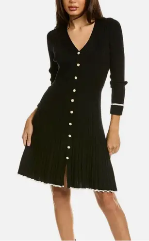 Taylor Ribbed Button Down Fit and Flare Long Sleeves Sweater Dress C Black SZ M Size M