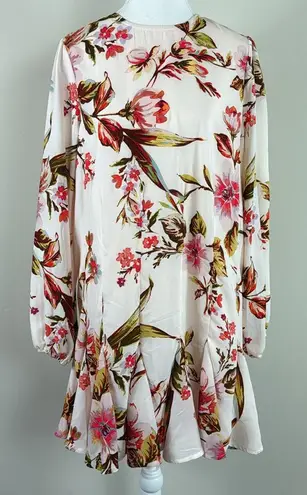 TINSEL Floral Print Pleated Ruffle Hem High Neck Long sleeve Dress Size Medium Green