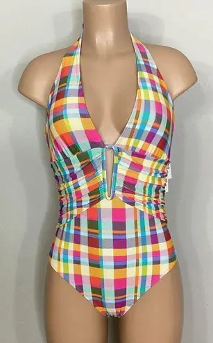 New. Plunge neck plaid swimsuit. Size 12. Regularly $89 Pink