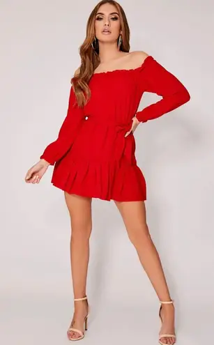 In The Style Red Crepe Bardot Frill Hem Mini Dress