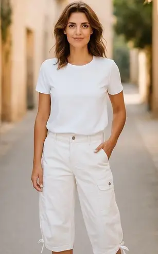 NEW Jeanstar White CAPRI DENIM PANT Women's 12 Cargo Style Jean Pockets Tie Hem