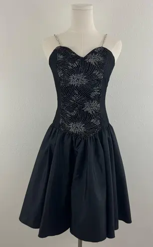 Vintage 90s Black Velvet Silver Floral Glitter Formal Homecoming Mini Dress Size M