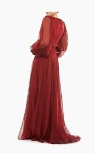 Mac Duggal Blouson Dress Women's 18 Red Sheer Long Sleeve Surplice Ball Gown B4