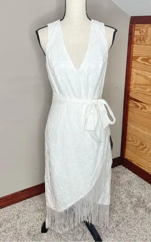 Lulus Always Ravishing White Cotton Eyelet Fringe Tulip Midi Dress Medium NWT