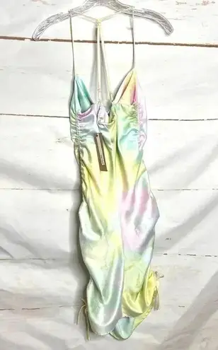 DO + BE Side Ruched Tie Dye Dress Size Medium Adjustable Straps Square Neck Yellow