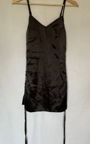 Women's silky black lingerie chemise dress spaghetti straps lace up sides