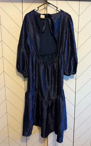 Topshop  Women 8 Premium Textured Jacquard Blue Sheen Open Back Puff Sleeve