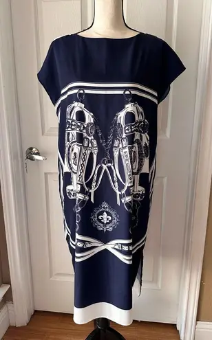 Chic Asymmetrical Navy Dress with Equestrian Design Blue