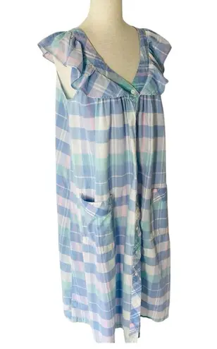 VINTAGE PHASES Plaid Ruffled House Coat Blue Size M