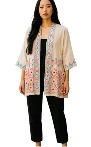 Johnny Was 100% Cotton Embroidered Open Jacket Kimono Large
