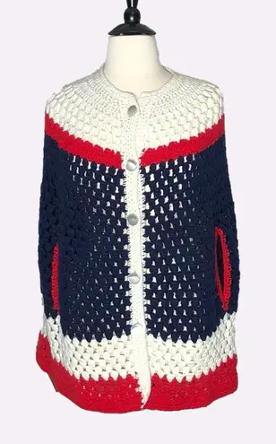 Vintage 80s 90s Crocheted Wool Poncho Cape Red White Blue Large XL