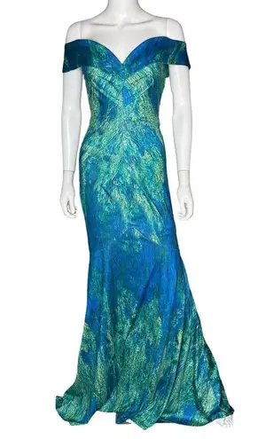 Rene Ruiz Collection Off the Shoulder Fit and Flare Gown Blue Green Women’s Sz 0