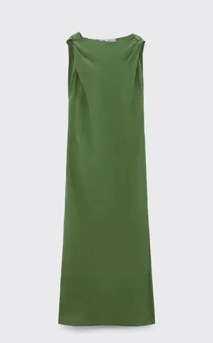 ZARA Linen Blended Ruched Dress Dark Sage Green