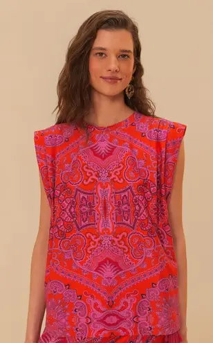 Farm Rio NWT Red Paisley Scarf Shoulder Pad Blouse Size Small