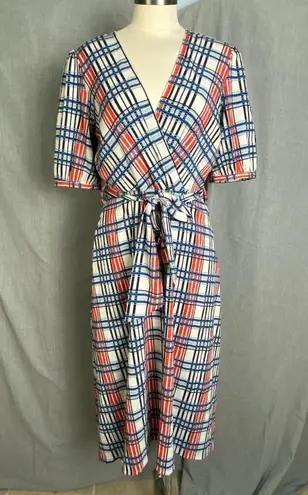 VERO MODA Blue Red Plaid Wrap Midi Dress Tie Waist Short Sleeve M