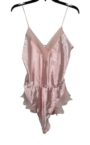 Victoria Secret Pink Satin Teddy Lingerie M VTG Gold Label Ruffle Trim Bodysuit Size M