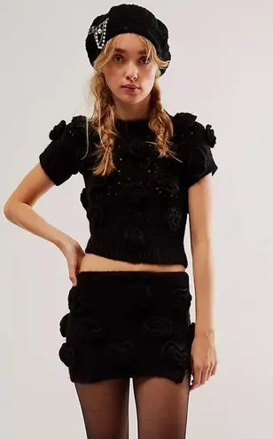 Tach Clothing Women’s Polina Top Elena Crochet Knit Skirt Set Black Rosettes S