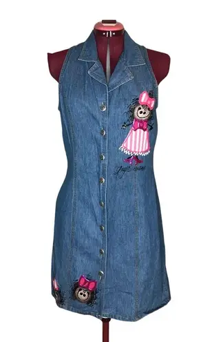 Dress Denim jean 90's puff paint stick figures blue pink white Size 12