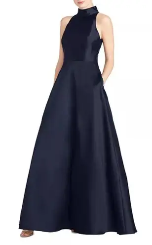 Monique Lhuillier High Neck Evening Gown Dress Navy Pockets